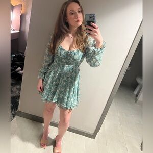 Floral Green Sheer Long-Sleeve Mini Dress